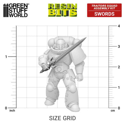 Traitors Squad Assembly Kit Swords from the Resin Bits range by Green Stuff World. A pack of 12 3D printed ABS-like resin Chaos style swords