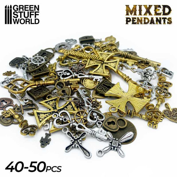 Mixed Pendants by Green Stuff World with a variety of styles from keys to locks, crosses to cogs for your hobby and crafting needs. A mix of items meaning that the images are for information only and the items may be similar but not identical to those shown. 