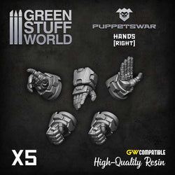 Right Hands by Puppetswar from Green Stuff World. A pack of 5 resin right hands in various poses designed to fit 28/32mm tabletop wargaming miniatures such as Warhammer 40k space marines helping you to modify your arm
