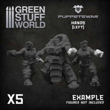 Left Hands by Puppetswar from Green Stuff World. A pack of 5 resin right hands in various poses designed to fit 28/32mm tabletop wargaming miniatures such as Warhammer 40k space marines helping you to modify your army. 