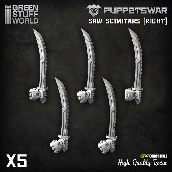 Right Hand Saw Scimitars by Puppetswar from Green Stuff World. A pack of 5 resin Saw Scimitars designed to fit 28/32mm tabletop wargaming miniatures such as Warhammer 40k space marines helping you to modify your army. 
