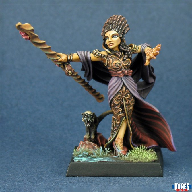 Imperial Enchantress (30225). A regal Bones USA miniature featuring a powerful spellcaster in ornate robes, wielding a staff. Multipart, unpainted
