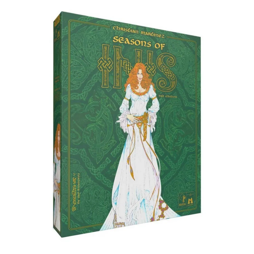 Book or game box with a green cover featuring an illustration of a woman in a white dress on a white background. Inis Seasons of Inis expansion new edition board game with tiles cards and season board