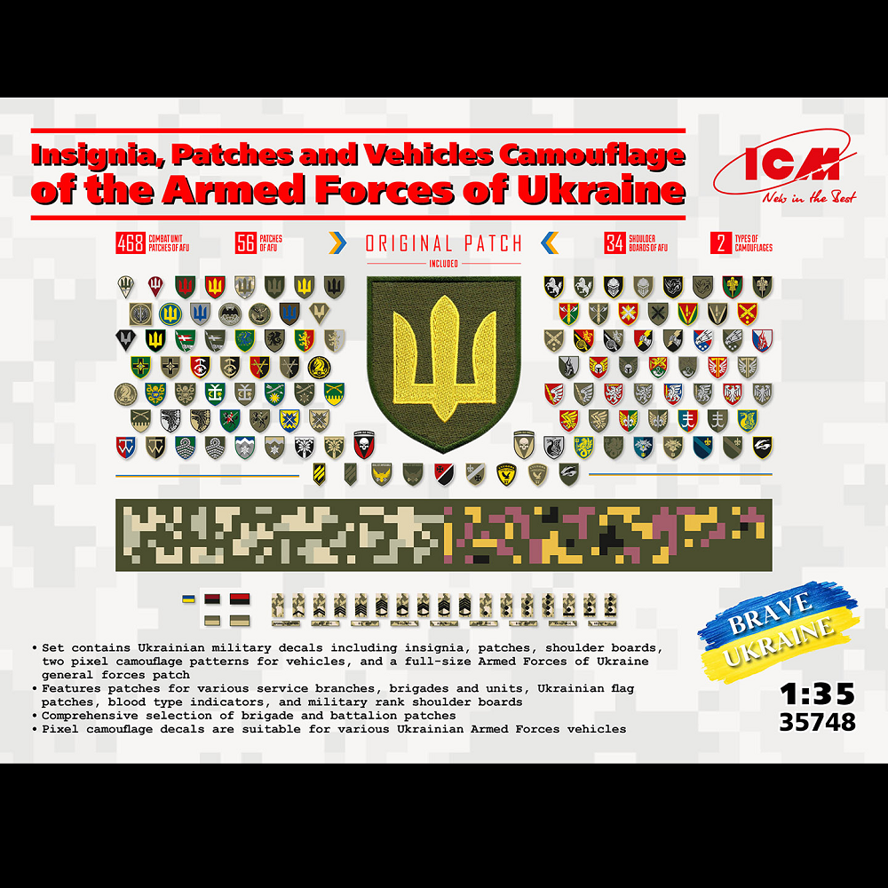 Box of ICM Insignia, Patches & Vehicles Camouflage model kit, 1:35 scale, featuring 468 patches, chevrons, and two vehicle camouflage patterns.