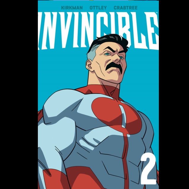 Comic book cover titled 'Invincible' with a superhero character on a blue background
