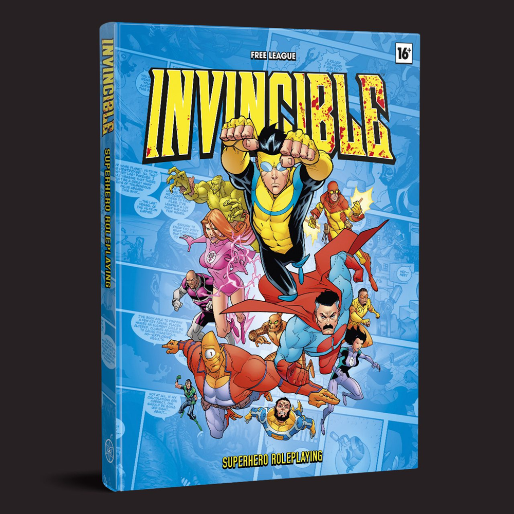 A comic book titled 'Invincible' shown standing upright against a dark background. The cover features a blue background with comic-style panels and a group of superheroes, including the main character in a yellow and blue suit. Invincible Superhero Roleplaying Core Rulebook hardback tabletop RPG