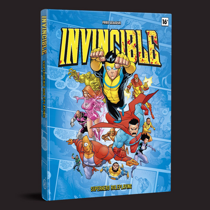 A comic book titled 'Invincible' shown standing upright against a dark background. The cover features a blue background with comic-style panels and a group of superheroes, including the main character in a yellow and blue suit. Invincible Superhero Roleplaying Core Rulebook hardback tabletop RPG