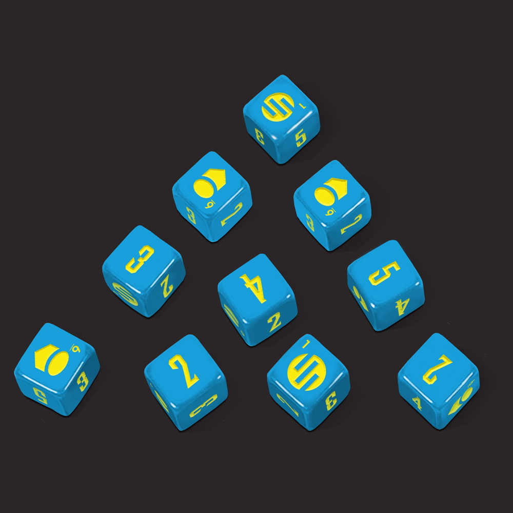 A set of ten blue polyhedral dice with yellow printed symbols and numbers, arranged in a pyramid-like cluster on a dark gray background. Invincible Superhero Roleplaying Custom Dice Set 10 blue D6 dice with yellow markings