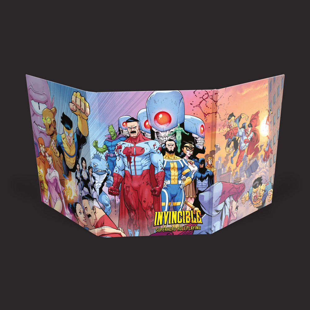 A colorful printed display stand or poster panel featuring the Invincible comic book cover art with multiple superhero characters and the title 'INVINCIBLE' at the bottom, shown against a dark gray background.