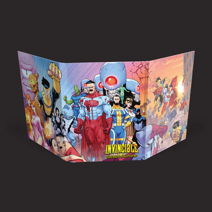 A colorful printed display stand or poster panel featuring the Invincible comic book cover art with multiple superhero characters and the title 'INVINCIBLE' at the bottom, shown against a dark gray background.