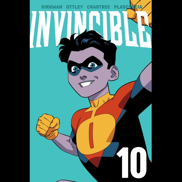 Comic book cover for Invincible, showing the superhero in a red, yellow, and blue suit against a teal background, with the title 'INVINCIBLE' at the top and the number '10' in the lower right. Invincible Vol.10  Graphic Novel