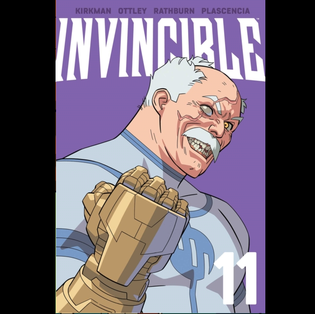 Comic book cover for Invincible, showing the character with white hair and a gold armoured glove against a purple background, with the title 'INVINCIBLE' at the top and the number 11 in the lower right. Invincible Vol.11
