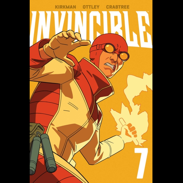 Comic book cover of 'Invincible' with a character in red and yellow superhero costume on an orange background. Invincible Vol.7 | Graphic Novel