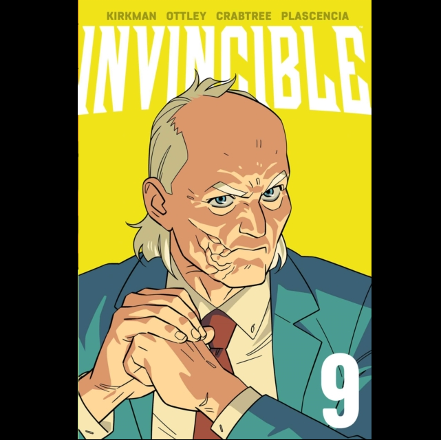 Comic book cover for Invincible, featuring a stylized illustration of a bald man with white hair and blue eyes wearing a teal suit and red tie, set against a bright yellow background with the title 'INVINCIBLE' in large white letters and the number 9 in the lower right. Invincible Vol.9 | Paperback Graphic Novel