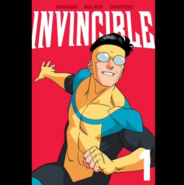 Invincible Volume 1 graphic novel paperback by Robert Kirkman. Comic book cover of 'Invincible' with a character in a yellow shirt and sunglasses on a red background.