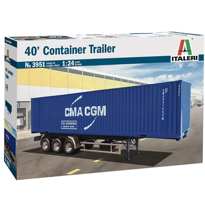 Italeri 40’ Container Trailer Model Kit 3951 features a detailed plastic model of a container trailer, essential for international logistics, with intricate details and a super decals sheet included.