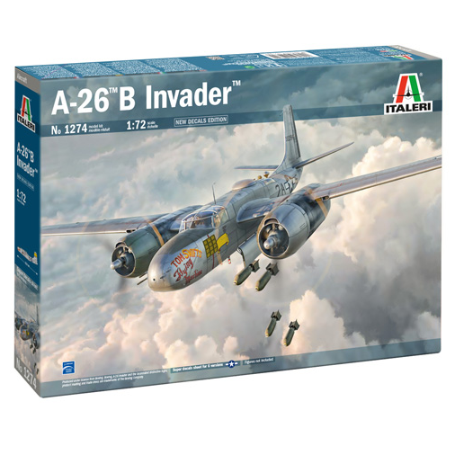 Box of the Italeri A-26 B Invader 1:72 scale model kit, featuring WW2-era bomber with new decals edition and expert detailing.