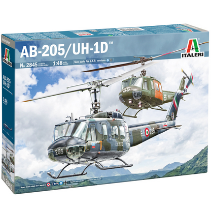 Box art for an Italeri model kit of two military helicopters, AB-205 and UH-1D, shown at a 3D angle against a white background. Italeri AB.205 UH-1D SAR Search and Rescue helicopter 1:48 model kit