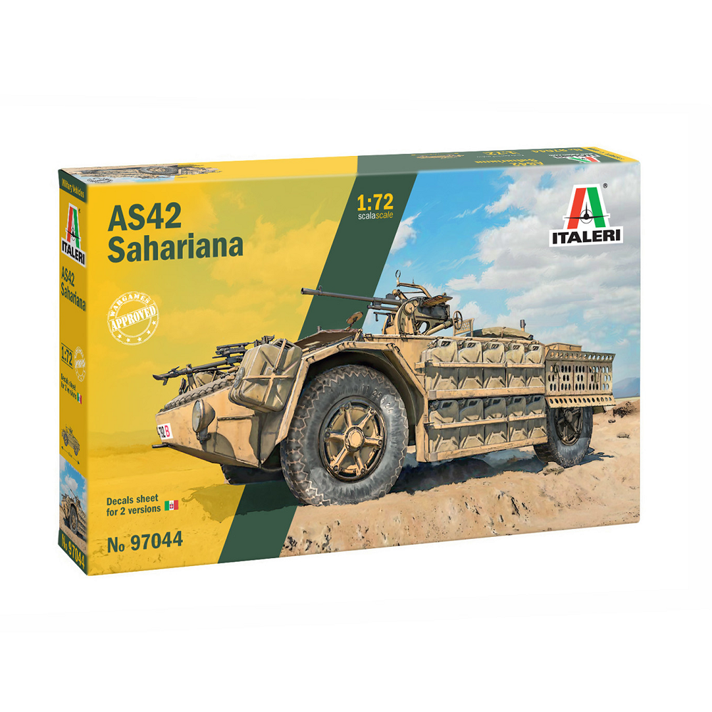 Italeri AS.42 Sahariana 1:72 Scale Model Kit. Model kit box for AS42 Sahariana vehicle by Italeri on a white background