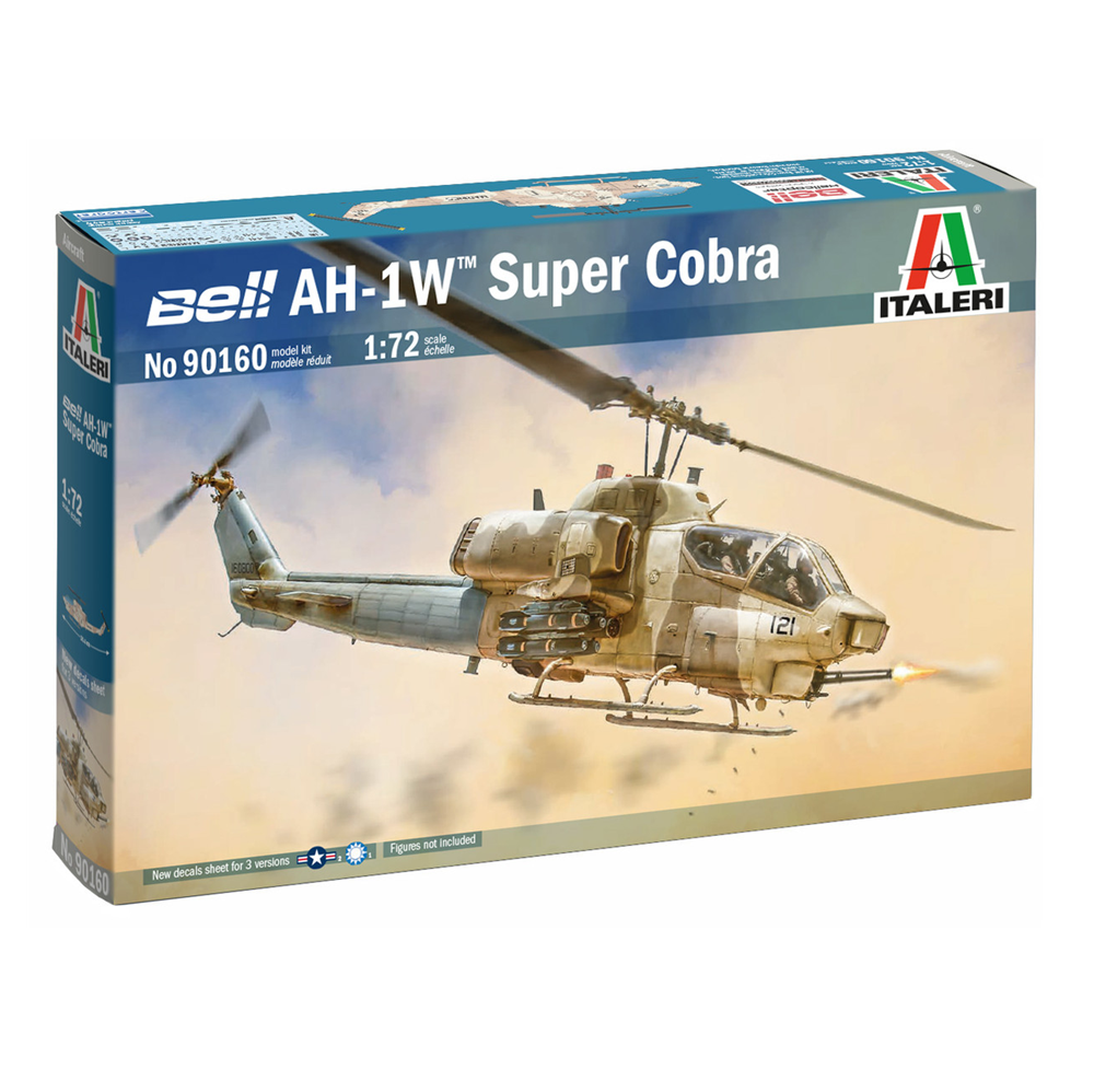 Italeri Bell AH-1W Super Cobra model kit box, scale 1:72, featuring a printed illustration of the military helicopter in flight on a blue and beige packaging design. Italeri Bell AH-1W SuperCobra Attack Helicopter 1:72 scale plastic model kit