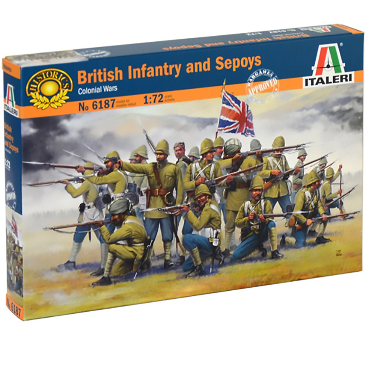 Italeri 1:72 British Infantry & Sepoys Model Kit. Model kit box for British Infantry and Sepoys by Italeri on a white background