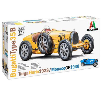 1:12 scale model kit of the Bugatti Type 35B, approximately 30.6cm, featuring rubber tyres, detailed engine, opening cowling, and options for two versions.