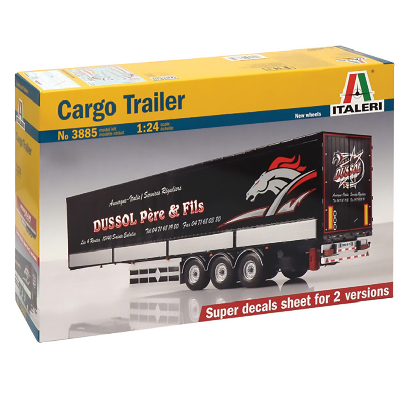 Italeri Cargo Trailer Model Kit 3885 features a detailed plastic model of a modern semitrailer, designed for on-road haulage, with intricate details and tractor decals included.