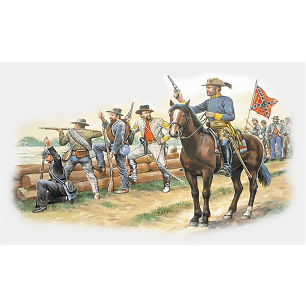 Italeri Confederate Infantry Model Kit 6014 features 50 unpainted plastic figures in 1:72 scale, representing the Army of the Southern states during the American Civil War.