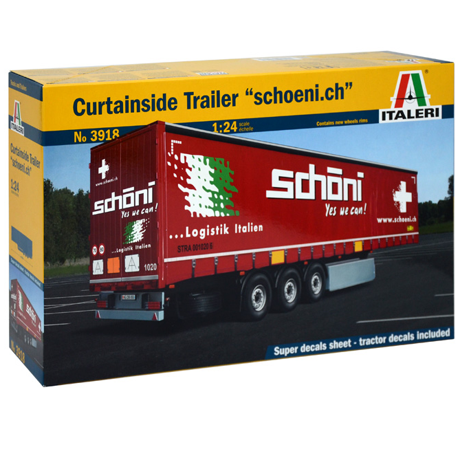 Italeri Curtainside Trailer "Schoeni.ch" model kit features a detailed plastic representation of a curtainside trailer, highlighting its robust design and functional elements.