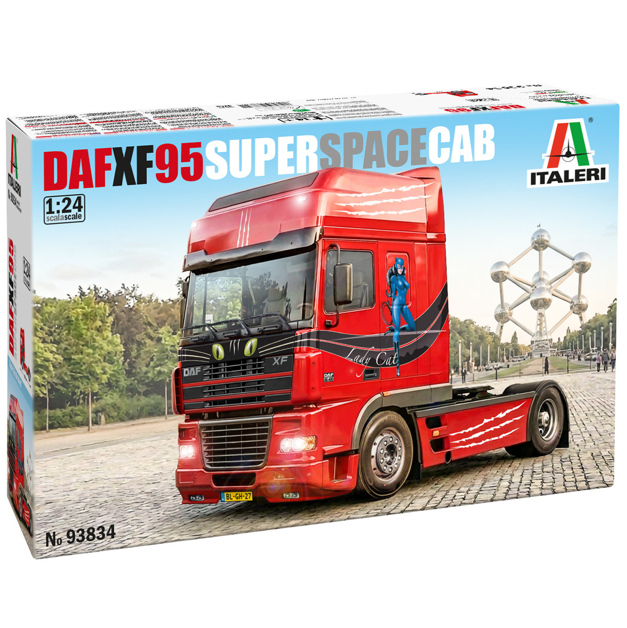 Box art for an Italeri 1:24 scale model kit of the DAF XF 95 Superspace Cab, featuring a red semi-truck with black and white graphics on a cobblestone road with the Eiffel Tower in the background. Italeri DAF XF 95 Super Space Cab 1:24 Dutch truck model kit