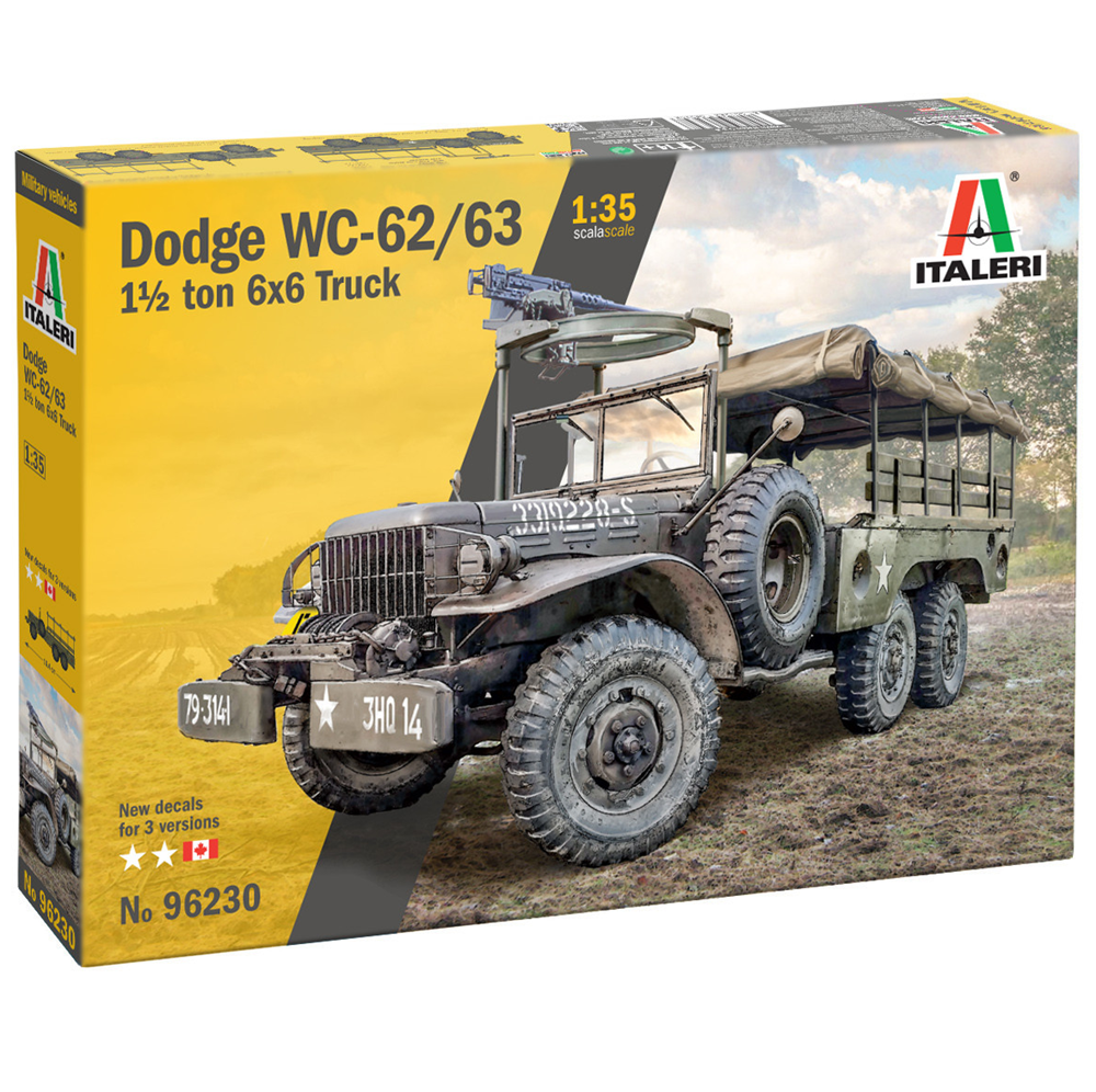 Model kit box for a Dodge WC-62/63 truck by Italeri on a white background. Italeri Dodge WC62 1½ Ton 6x6 Truck 1:35 Scale Model Kit