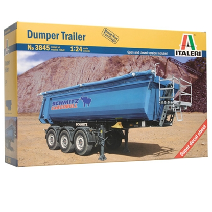 Italeri Dumper Trailer Model Kit 3845 features a detailed plastic model of a three-axis dumper trailer, designed for transporting earth and building debris on construction sites.