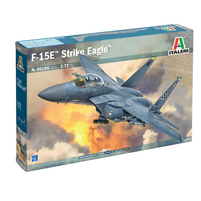 Italeri 1:72 F-15E Strike Eagle Model Kit. Model kit box for F-15E Strike Eagle by Italeri with a fighter jet on fire in the background.