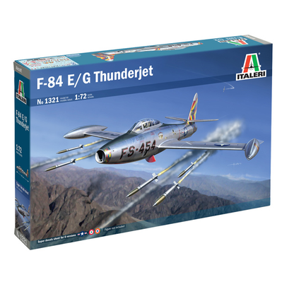 Italeri F-84 E/G Thunderjet 1:72 Scale Model Kit. Model kit box for F-84 E/G Thunderjet by Italeri with airplane illustration on blue background