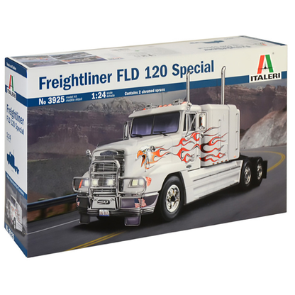 Boxed packaging for the scale model truck with an image of the white truck on the front with an eagles head and flames on the side of the truck. Italeri Freightliner FLD 120 Special scale model kit in 1:24 scale. An Italeri scale model heavy truck with decals for two versions and two chromed sprue.