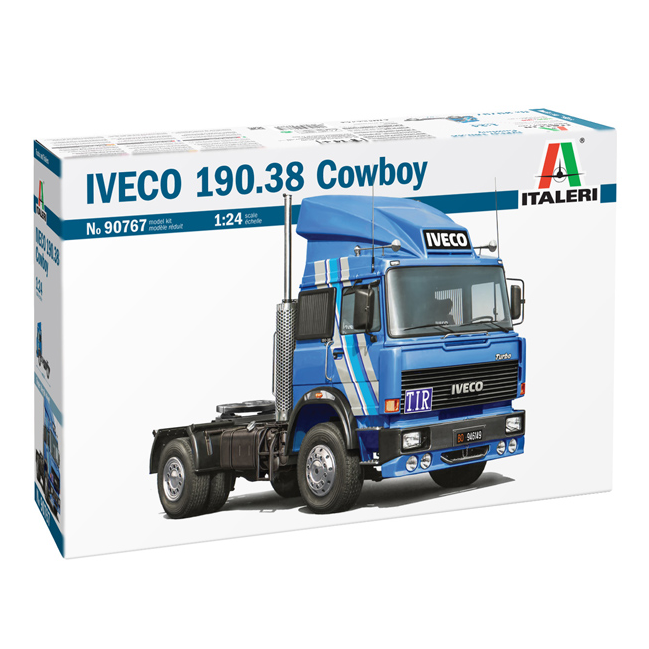 Italeri IVECO 190.38 CowBoy 1:24 Scale Model Kit. Model truck packaging for Iveco 190.38 Cowboy by Italeri on a white background