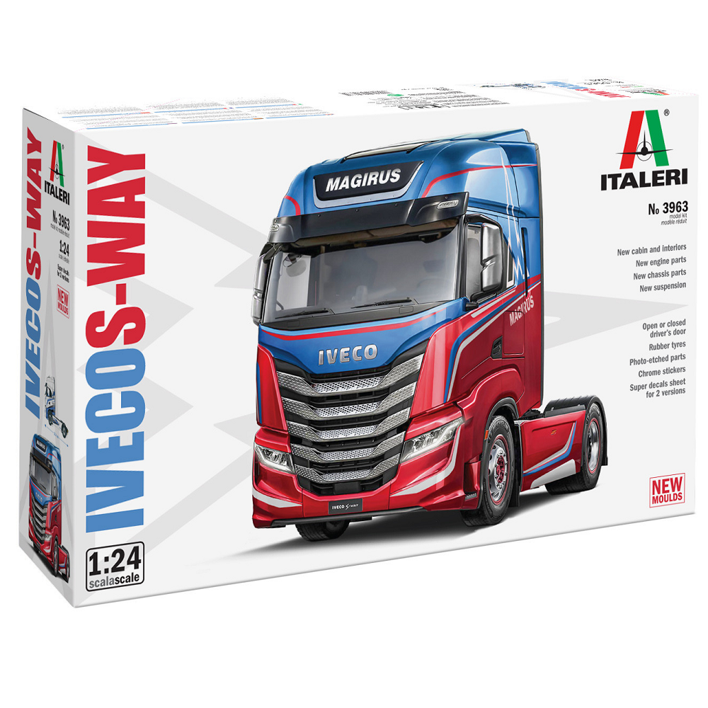 Italeri IVECO S-WAY. Model truck packaging with Iveco branding on a white background