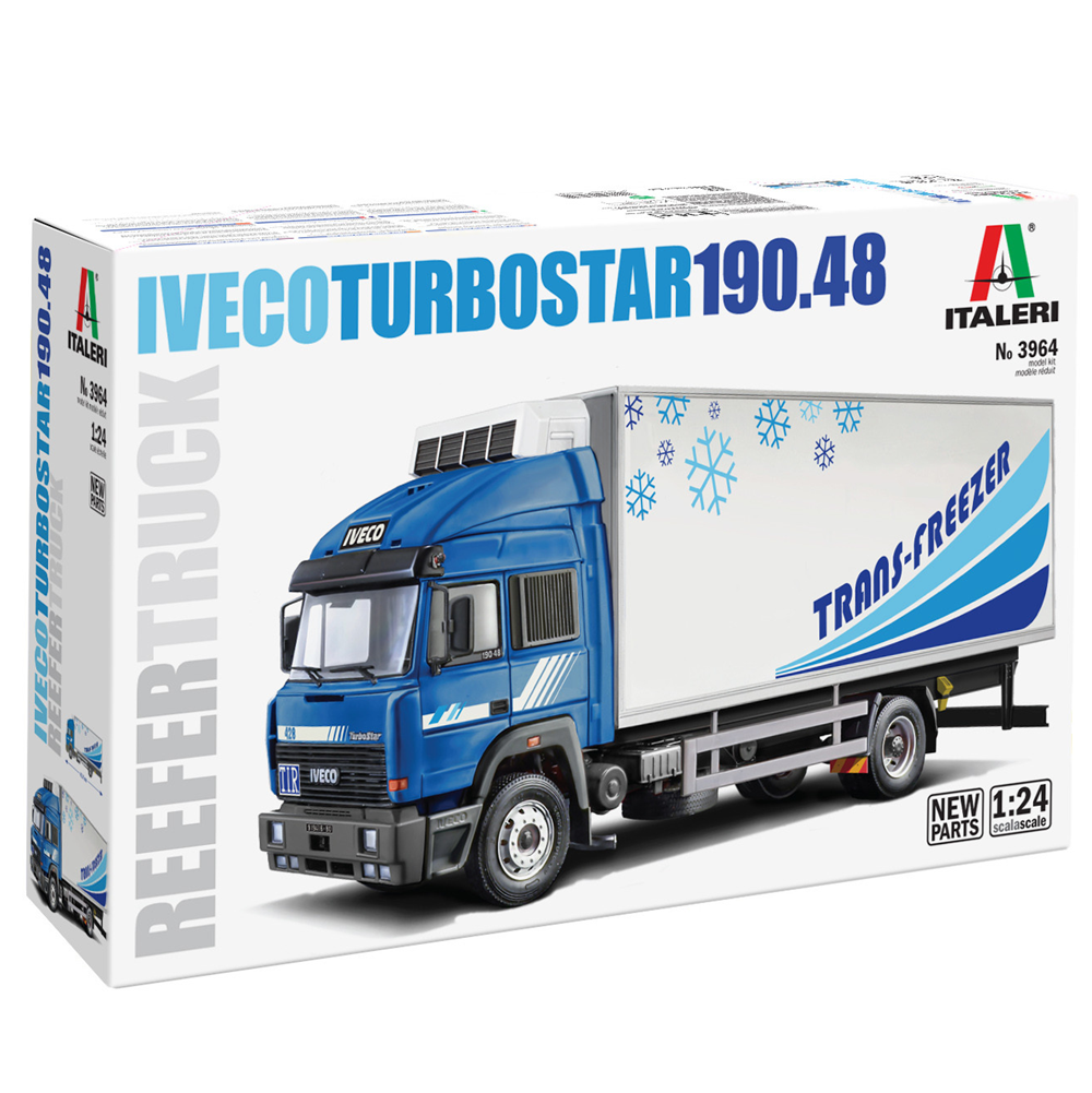 Italeri 3964 Iveco Turbostar 190.48 Reefer Truck 1:24 Model Kit. Model truck packaging for Iveco Turbostar 190.48 Reefer Truck by Italeri on a white background