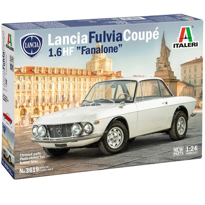 A boxed model kit for a Lancia Fulvia Coupé 1.6HF 'Fanalone' by Italeri, shown at a slight angle. Italeri Lancia Fulvia Coupé 1.6 HF Fanalone 1:24 classic Italian car model kit