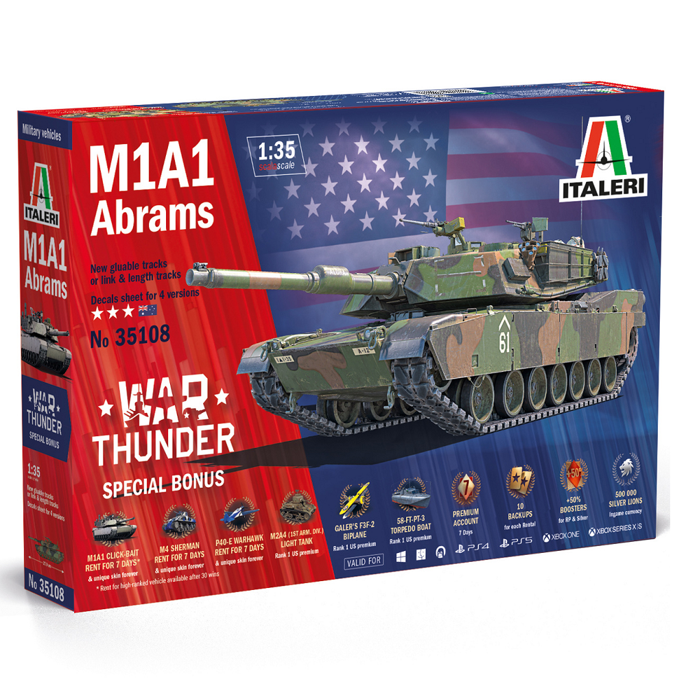 1:35 scale model kit of the M1A1 Abrams tank, approximately 27.9cm, featuring glueable or link and length tracks, decals for four versions, designed for assembly.