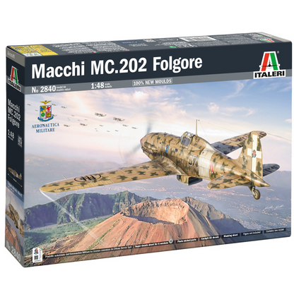 Box packaging for an Italeri model kit of the Macchi MC.202 Folgore fighter plane, featuring a camouflage pattern over a mountainous landscape background. Italeri Macchi MC.202 Folgore 1:48 WWII Italian fighter aircraft model kit
