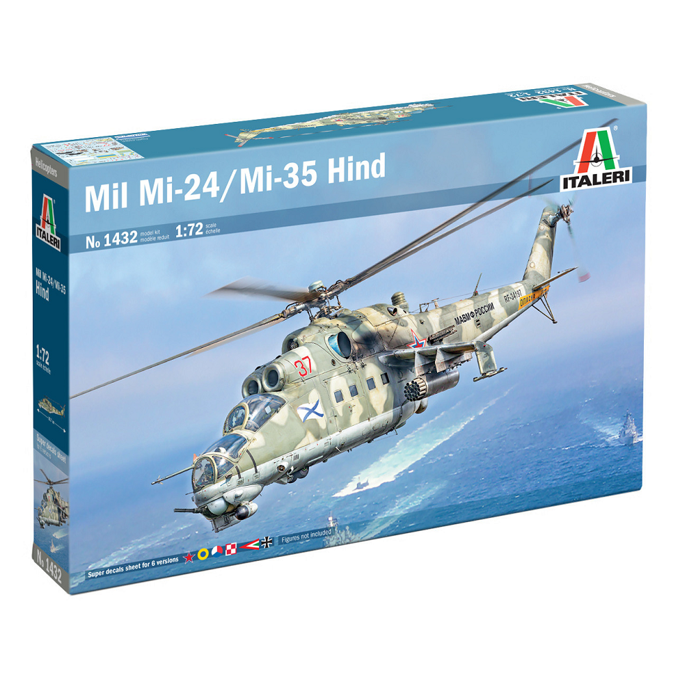 Italeri Mil Mi-24/Mi-35 Hind. Model helicopter kit box for Mil Mi-24/Mi-35 Hind by Italeri on a white background