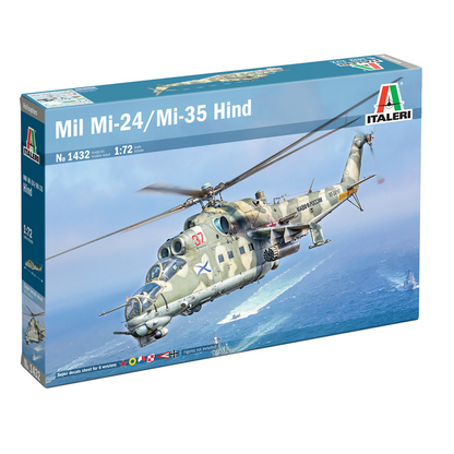 Italeri Mil Mi-24/Mi-35 Hind. Model helicopter kit box for Mil Mi-24/Mi-35 Hind by Italeri on a white background