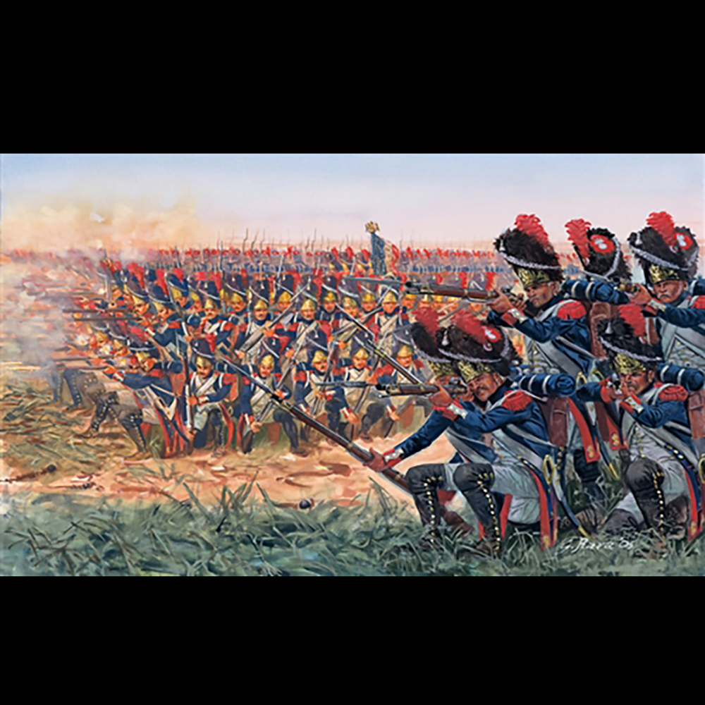 Italeri Napoleonic Wars: French Grenadiers. Painting of soldiers in formation with rifles on a battlefield