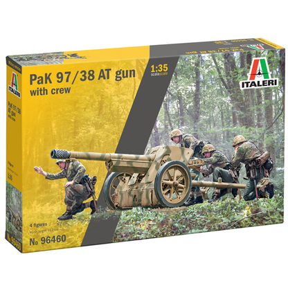 Italeri Pak 97/38 Anti-Tank Gun with Crew. Model kit box for PaK 97/38 AT gun with crew by Italeri, featuring soldiers and gun in a forest setting.