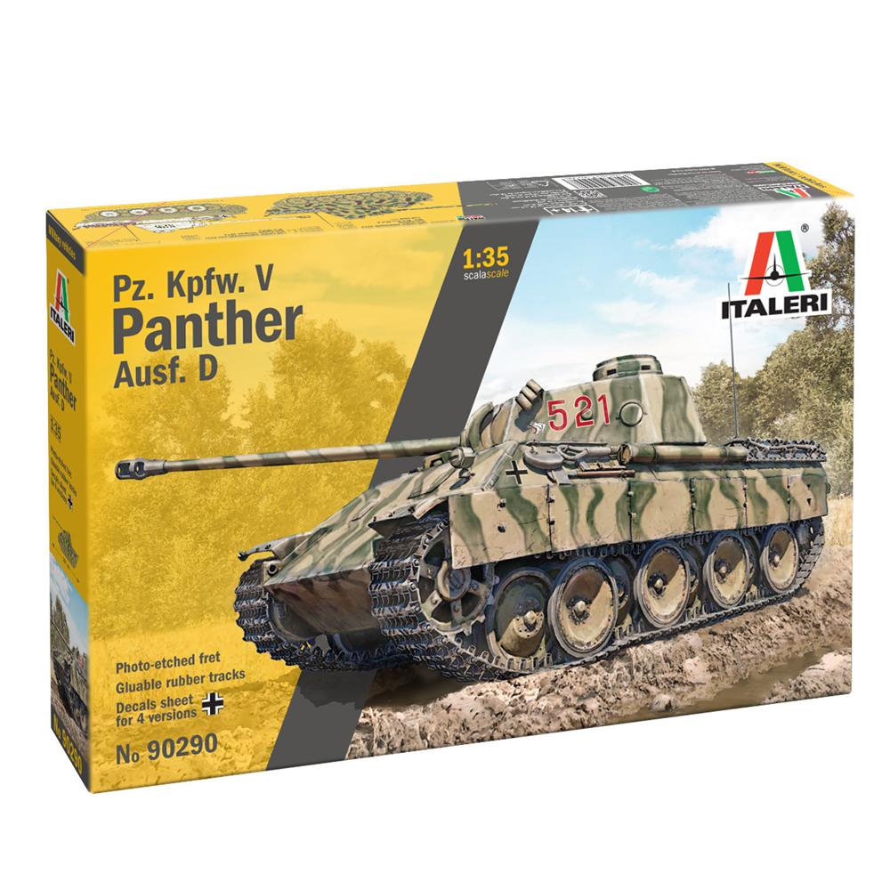 Model tank kit box for Pz. Kpfw. V Panther Ausf. D by Italeri on a white background