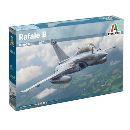 Italeri – Rafale B Two-Seat French Fighter Aircraft. Model kit box for Italeri Rafale B aircraft on a blue sky background