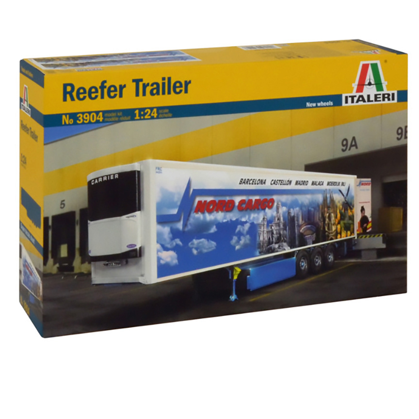 Italeri Reefer Trailer Model Kit 3904 features a detailed plastic model of a modern reefer trailer, showcasing an efficient braking system and side impact protection.