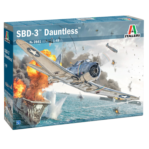 Italeri SBD-3 Dauntless 1:48 Scale Model Kit. Model kit box for SBD-3 Dauntless airplane with action scene on water
