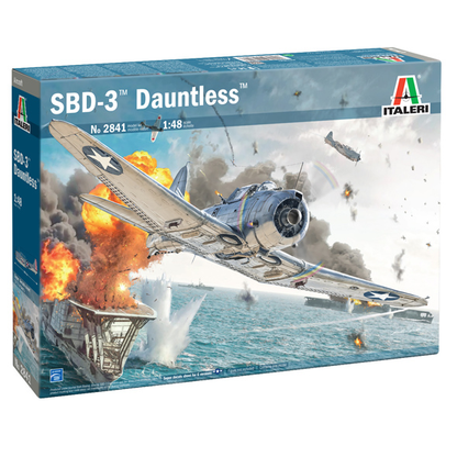 Italeri SBD-3 Dauntless 1:48 Scale Model Kit. Model kit box for SBD-3 Dauntless airplane with action scene on water